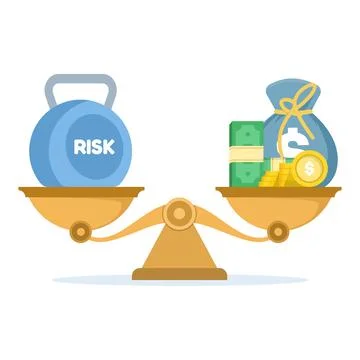 Flat vector of risk vs return balance scale, money bag on one side. Illustrazione stock