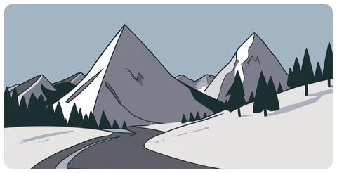 Flat vector with road to snowy mountain landscape Stock Illustration
