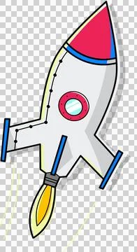 Flat vector rocket is ascending with nose, porthole, fins, yellow flame, Illustrazione stock
