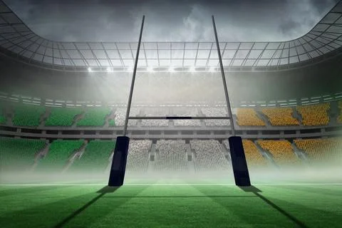 Flat vector rugby goalposts are standing on pitch under glass roof, floodlights Stock Photos