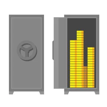 Flat vector safe - closed and open. Strongbox with money. Stock Illustration