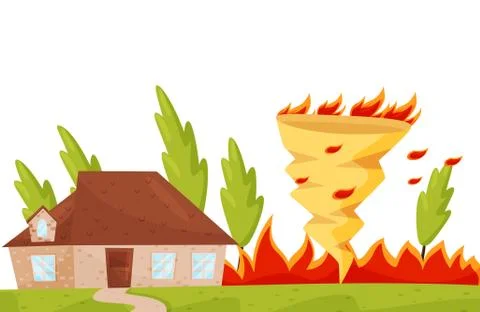 Flat vector scene with dangerous fire whirl near living house, burning trees Stock Illustration
