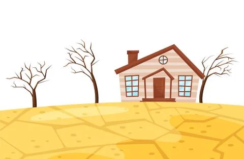 Flat vector scene of drought. Small living house, dry trees and cracked earth Stock Illustration
