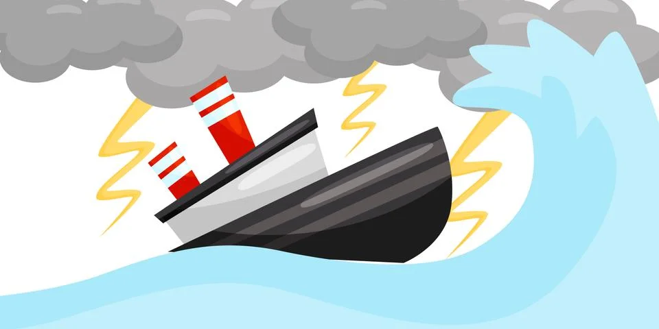 Flat vector scene with ship in strong lightning storm. Sea wave and dark gray Illustrazione stock