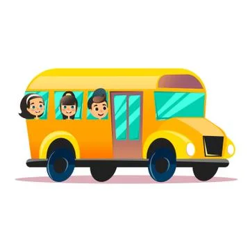 Flat vector school bus. School kids riding a schoolbus. Back to school vector Ilustración de archivo
