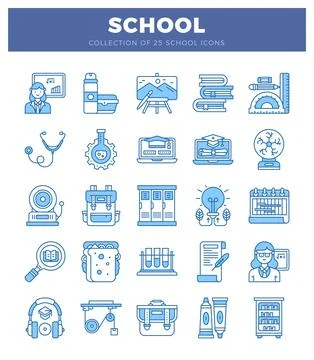 Flat vector school icons collection with diverse educational elements. 库存插图