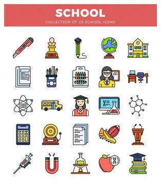 Flat vector school icons with educational and scientific elements on a whit.. Stock Illustration