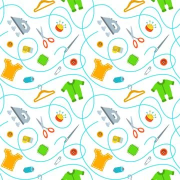 Flat vector seamless background with sewing tools Illustrazione stock
