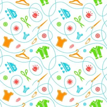 Flat vector seamless background with sewing tools Stock Illustration