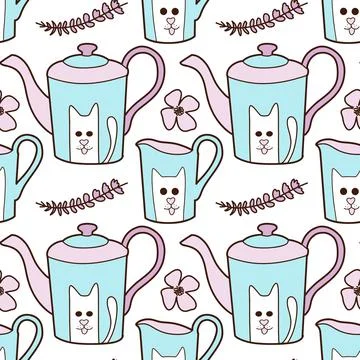 Flat vector seamless pattern on the cups and teapot 库存插图