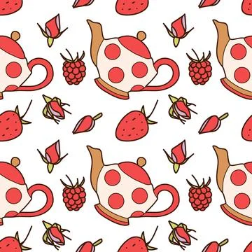 Flat vector seamless pattern on the cups and teapot Stock Illustration