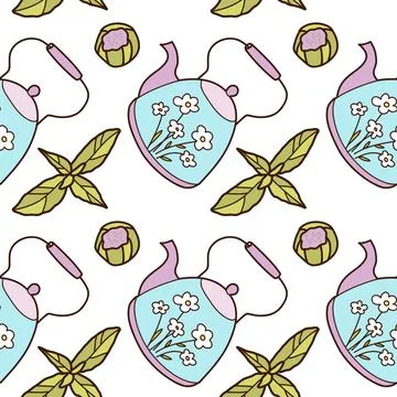 Flat vector seamless pattern on the cups and teapot Stock Illustration