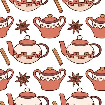 Flat vector seamless pattern on the cups and teapot Stock Illustration