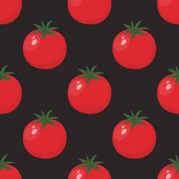 Flat Vector Seamless Pattern with Fresh Tomato on a Black Background. Seamless Illustrazione stock