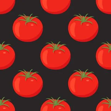 Flat Vector Seamless Pattern with Fresh Tomato on a Black Background. Seamless Illustrazione stock