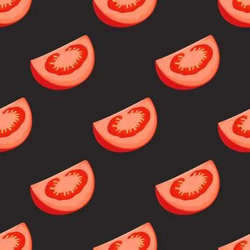 Flat Vector Seamless Pattern with Fresh Tomato on a Black Background. Seamless Illustrazione stock