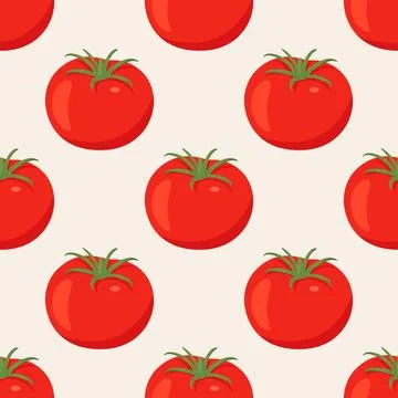Flat Vector Seamless Pattern with Fresh Tomato on a White Background. Seamless Stock Illustration
