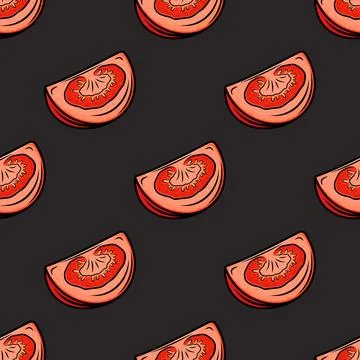 Flat Vector Seamless Pattern with Fresh Tomato on a Black Background. Seamless Illustrazione stock