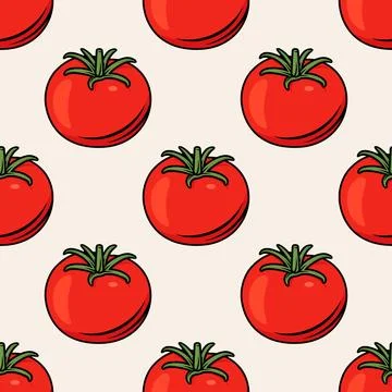 Flat Vector Seamless Pattern with Fresh Tomato on White Background. Seamless Illustrazione stock