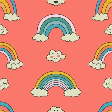 Flat Vector Seamless Pattern with Funny Cartoon Rainbow and Clouds. Trendy Illustrazione stock