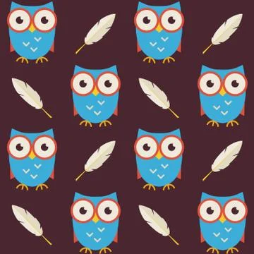 Flat Vector Seamless Pattern Owls with Feathers Stock Illustration