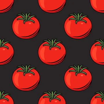 Flat Vector Seamless Pattern with Red Fresh Tomato on Black Background. Seamless Illustrazione stock