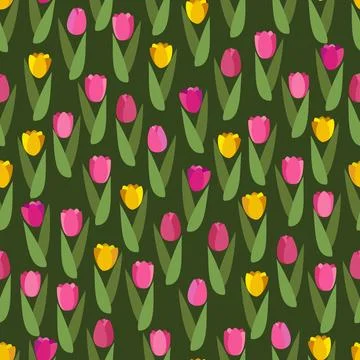 Flat vector seamless pattern with spring flowers tulip. Stock Illustration
