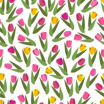 Flat vector seamless pattern with spring flowers tulip. 스톡 일러스트