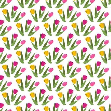 Flat vector seamless pattern with spring flowers tulip. 스톡 일러스트