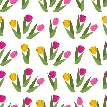 Flat vector seamless pattern with spring flowers tulip. Stock Illustration
