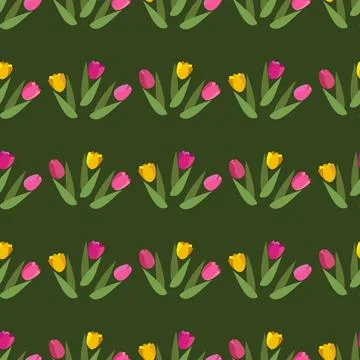 Flat vector seamless pattern with spring flowers tulip. 스톡 일러스트