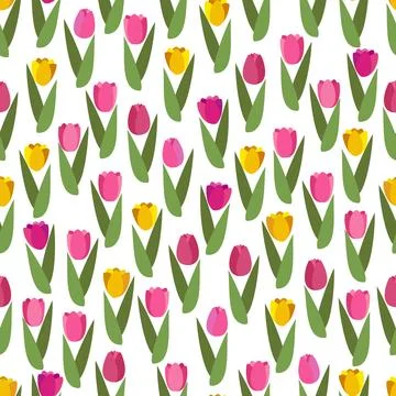 Flat vector seamless pattern with spring flowers tulip. 스톡 일러스트