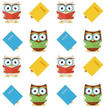 Flat Vector Seamless Pattern Wisdom and Knowledge Owls Reading Books 스톡 일러스트