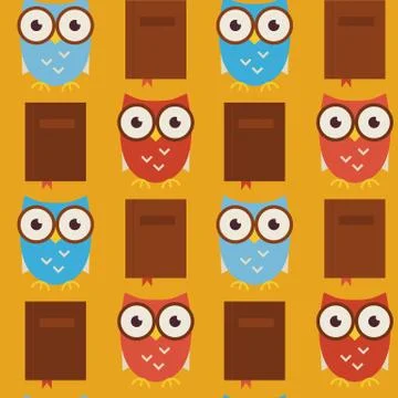 Flat Vector Seamless Pattern Wisdom and Knowledge Owls with Books Stock Illustration