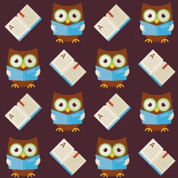 Flat Vector Seamless Pattern Wisdom Owl Reading Book Illustrazione stock
