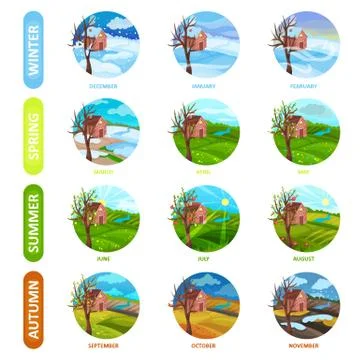 Flat vector set of 12 months of the year. Winter, spring, summer and autumn Illustrazione stock