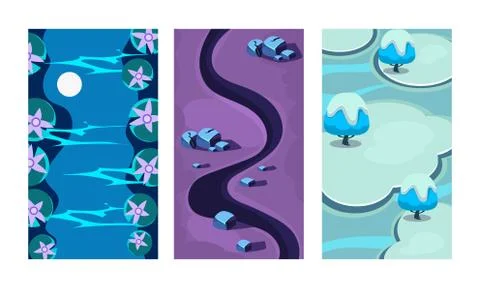 Flat vector set of 3 vertical backgrounds for online mobile game. Cartoon scenes Illustrazione stock
