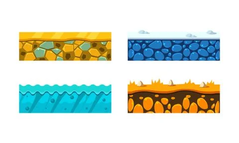 Flat vector set of 4 seamless platforms. Horizontal water block, ice with stones Illustrazione stock