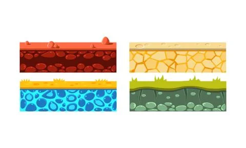 Flat vector set of 4 seamless platforms. Blocks with green grass, red and orange Illustrazione stock