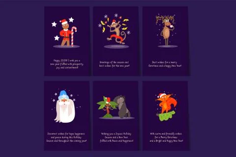 Flat vector set of 6 Christmas card templates. Postcards with congratulations Stockillustratie
