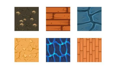 Flat vector set of 6 colorful textures and materials for platform game. Stones Stock Illustration