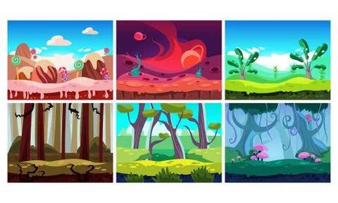Flat vector set of 6 colorful horizontal backgrounds for mobile or computer game Stock Illustration