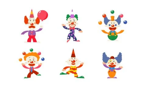 Flat vector set of 6 funny clowns in different actions. Circus artists with 库存插图