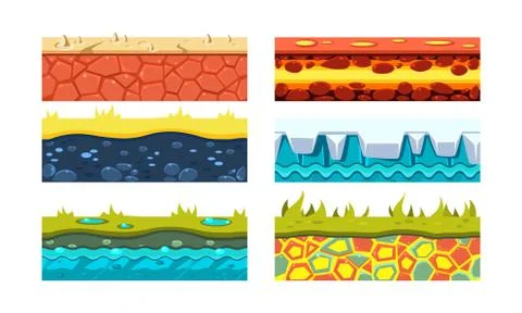 Flat vector set of 6 platforms for mobile game. Blocks with dry soil, lava Illustrazione stock