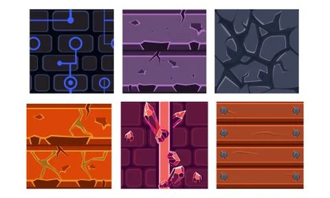 Flat vector set of 6 seamless textures and materials for mobile games. Brick Stock Illustration