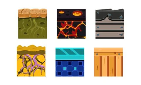 Flat vector set of 6 seamless textures for online mobile games. Soil, wood and Stock Illustration