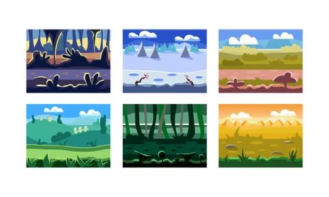 Flat vector set of 6 seamless backgrounds for computer and mobile game. Cartoon Stock Illustration