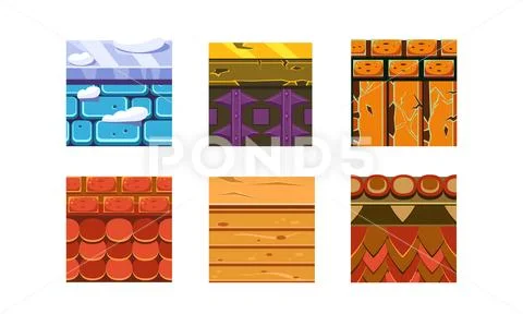 Flat vector set of 6 texture types for platform games. Bricks, stones and wood Stock Illustration