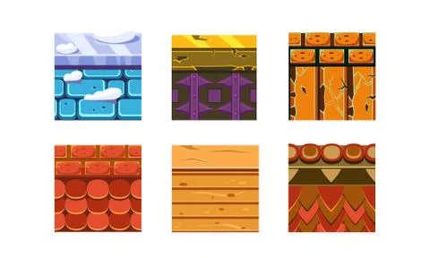 Flat vector set of 6 texture types for platform games. Bricks, stones and wood Stock Illustration