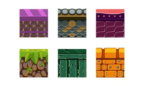 Flat vector set of 6 texture types and materials for platform game. Dry soil Stock Illustration